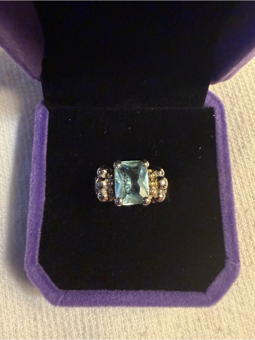 Vintage Emerald Cut Aquamarine CZ Sterling Silver Ring - Size 6